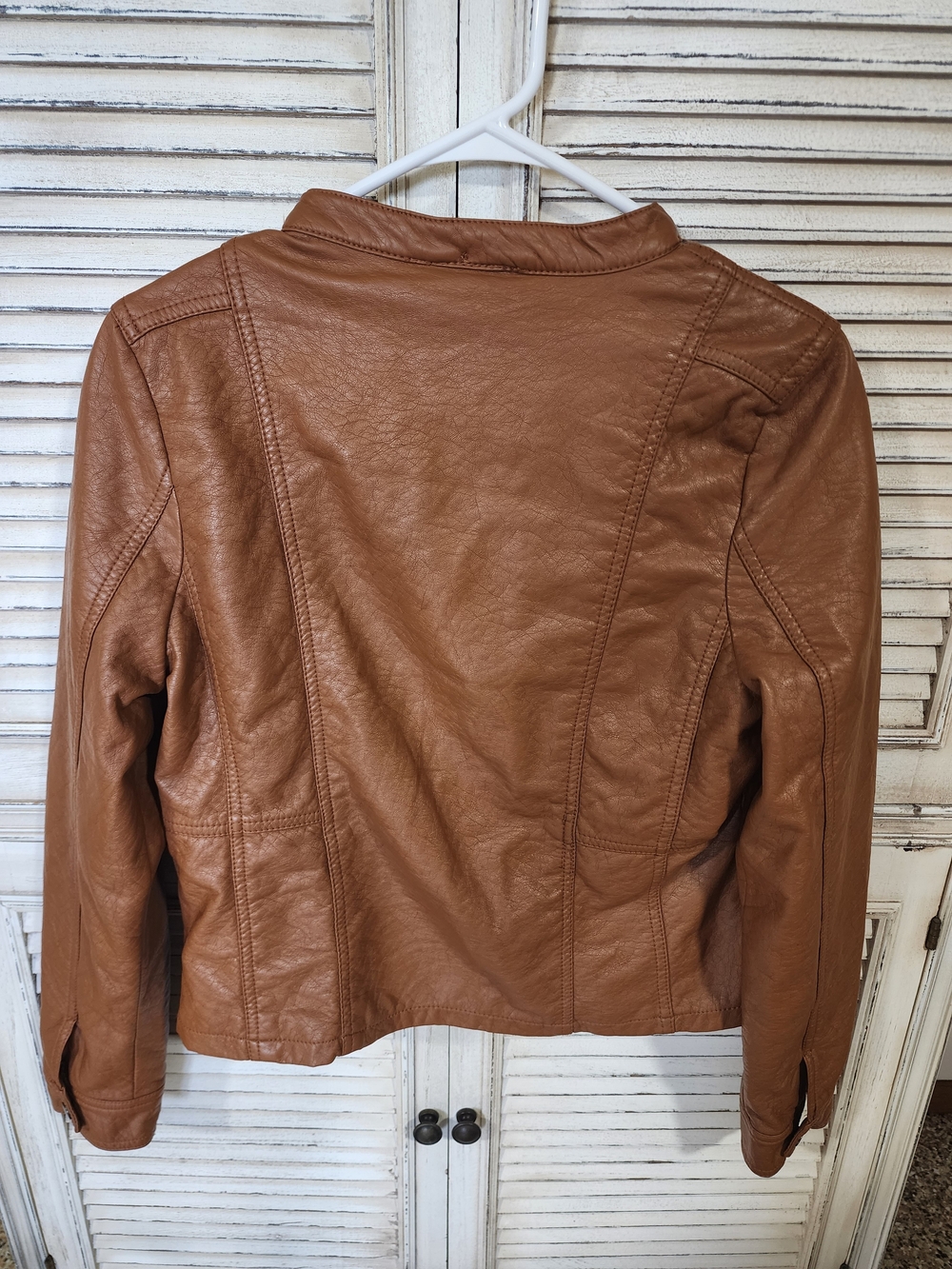 Tan Hooded Faux Leather Jacket - Stylish Zip Front Coat - Picture 5 of 9